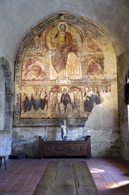 France, Haute Loire, Lavaudieu, labelled Les Plus Beaux Villages de France (The Most Beautiful Villages of France), the former Saint Andre (St Andrew) abbey in Auvergne Romanesque style, fresco from the 12th century in the refectory depicting Christ in Majesty above the Virgin surrounded by the apostles