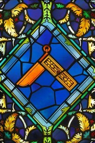 United Kingdom, London, United Grand Lodge of England, detail of a stained glass of symbols, the set square