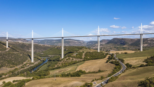 France, Aveyron, Grands Causses regional natural park, Millau, the Millau viaduct by architects Michel Virlogeux and Norman Foster, between the Causse du Larzac and the Causse de Sauveterre above the Tarn river (aerial view)