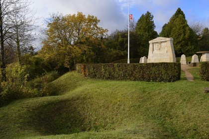 France, Meuse, Lorraine Regional Park, Cotes de Meuse, Les Eparges, traces of fighting of one of the bloodiest battles of the First World War, shell holes and point X Monument in memory of  Those who have no grave