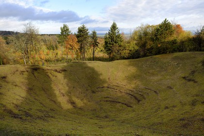 France, Meuse, Lorraine Regional Park, Cotes de Meuse, Les Eparges, traces of fighting of one of the bloodiest battles of the First World War, crater resulting from mine explosions for control of the point X that dominates the plain
