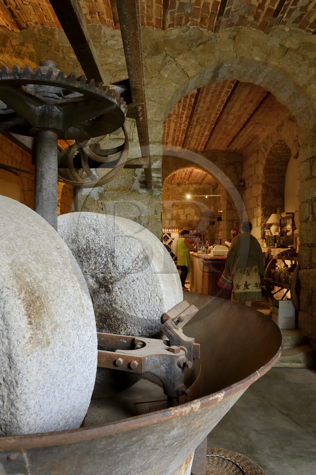 France, Corse-du-Sud (2A), Sartène, vente d'huile d'olive au Moulin du Valincu, magasin dans un ancien moulin qui a conservé son pressoir à olives et sa meule