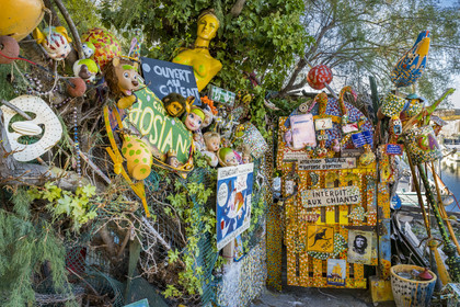 France, Herault, Sete, la Pointe Courte district, fishing district on the banks of the Etang de Thau, work of modest art (art brut) imagined by retired fisherman Josian Izoird around his shed