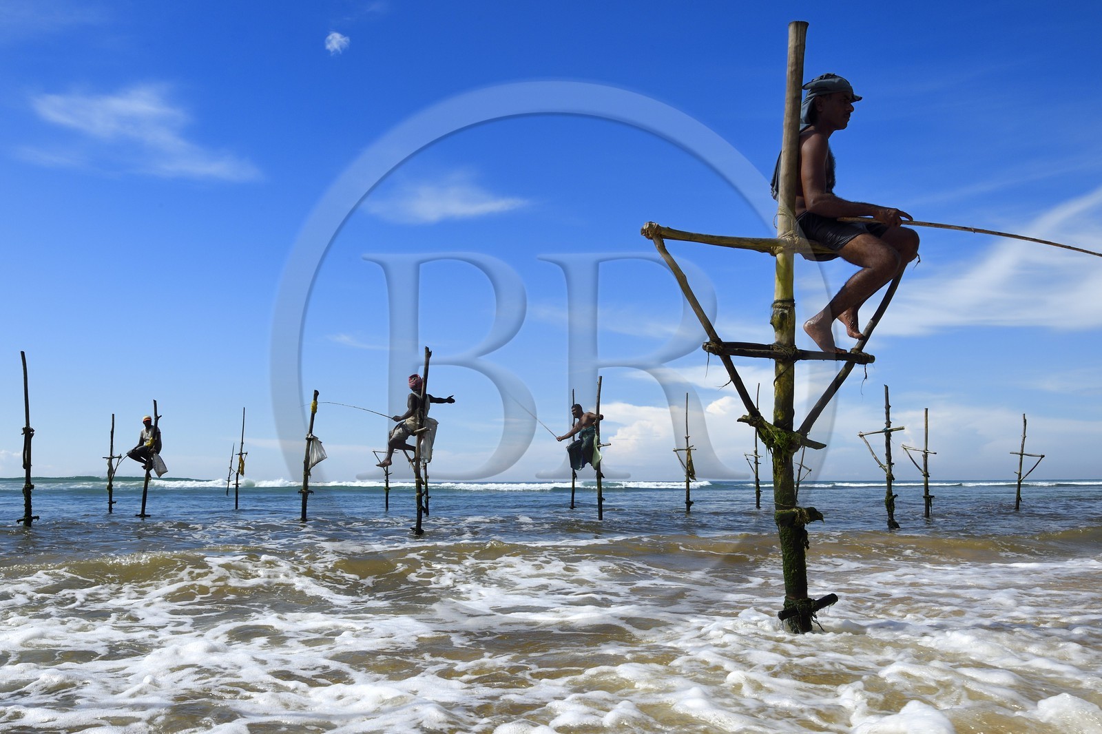 Sri Lanka, Province du Sud, région de Galle, plage de Midigama, pecheurs sur poteaux