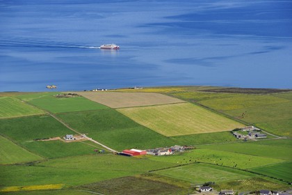 Royaume-Uni, Ecosse, Iles Orcades, Ile de South Ronaldsay, champs et fermes en bordure de mer  (vue aérienne)
