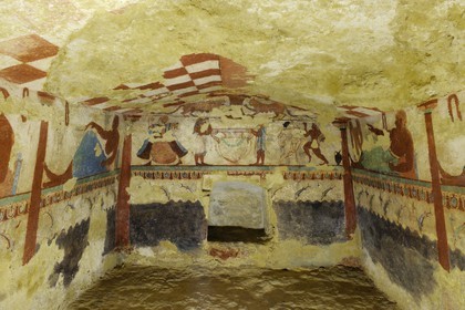 Italy, Lazio, Province of Viterbo, Tarquinia, Ancient Etruscan necropolis Monterozzi (Necropoli dei Monterozzi) listed as World Heritage by UNESCO, Tomb of the Lionesses (tomba delle Leonesse)