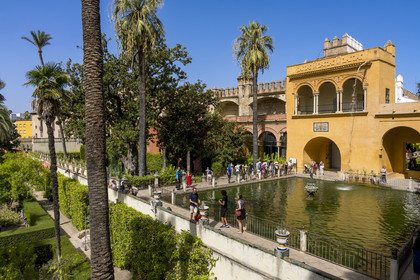 Spain, Andalusia, Seville, the Alcazar of Seville (Reales Alcazares de Sevilla), listed as World Heritage by UNESCO, the gardens and the Palacio Gotico, Mercury fountain