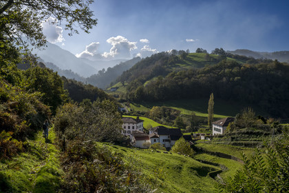 France, Pyrénées-Atlantiques (64), Pays-Basque, vallée des Aldudes, randonneur sur un sentier menant au village d'Urepel