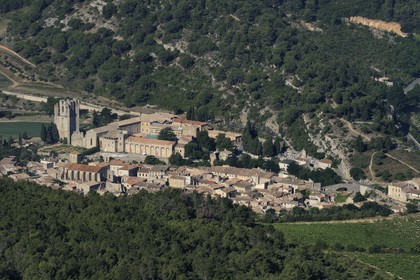 France, Aude, Lagrasse village, labelled Les Plus Beaux Villages de France (The Most Beautiful Villages of France), Sainte Marie de Lagrasse Abbey (aerial view)