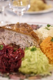 France, Haut Rhin, Kruth, ferme auberge marcaire du Schafert (farmhouse inn Schafert), the Alsatian meat pie accompanied by its salads
