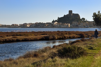France, Aude, Narbonne, Corbieres, Gruissan, the old village and the castle, medieval military fortress dominated by the 13th century Barberousse Tower