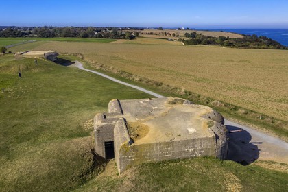 France, Calvados, Longues sur Mer, German battery of the Atlantic Wall equipped with 150 mm marine guns (aerial view)
