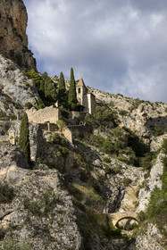 France, Alpes de Haute Provence, Parc Naturel Régional du Verdon, village of Moustiers Sainte Marie, labelled Les Plus Beaux Villages de France (The Most Beautiful Villages of France), Notre Dame de Beauvoir chapel in the cliffs
