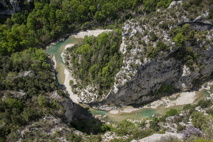 France, Alpes de Haute Provence, Parc Naturel Regional du Verdon, the Verdon Gorge, view on the Verdon river and the Breche Imbert from the panoramic viewpoint of the Mescla balcony