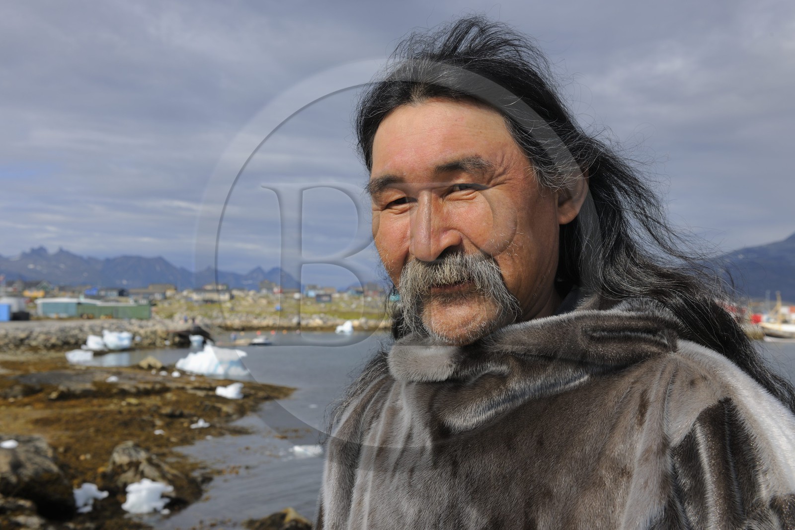 Greenland, city of Nanortalik, Inuit wearing traditional clothes made of seal skin