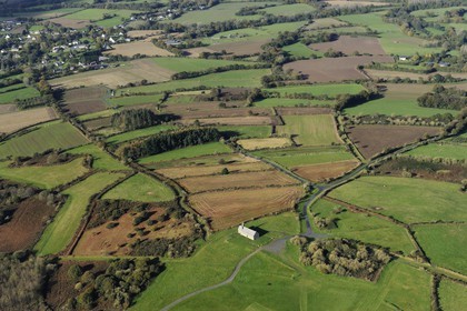 France, Cotes-d'Armor, Saint Herve chapel at the top of Menez Bre (aerial view)