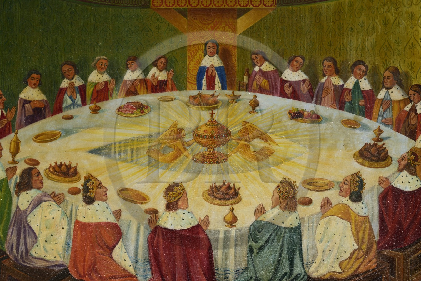 France, Morbihan (56), forêt de Brocéliande, Tréhorenteuc, église Sainte-Onenne ou la chapelle du Graal dédiée à la mythogie arthurienne, peinture réalisée par Karl Reizabech sur les indications de l'abbé Gillard