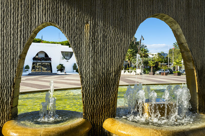 France, Herault, La Grande-Motte, labeled 20th century heritage, place du 1er Octobre 1974 and the town hall in the background
