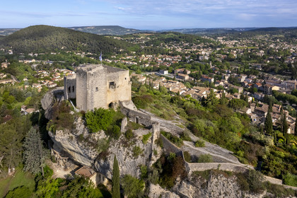 France, Vaucluse, Dentelles de Montmirail mountains,  Vaison la Romaine, the castle of the Counts of Toulouse built in the 12th century overlooking the medieval city (aerial view)