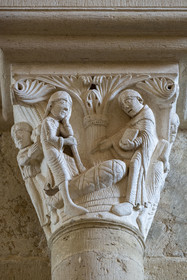 France, Yonne, regional natural park of Morvan, Vézelay, a UNESCO World Heritage site, labelled Les Plus Beaux Villages de France, starting point of one of the main ways to Santiago de Compostela, the Basilica of Saint Mary Magdalene, capital of the narthex (12th century), father grieves over the dead child and Saint Benedict resuscitates the child