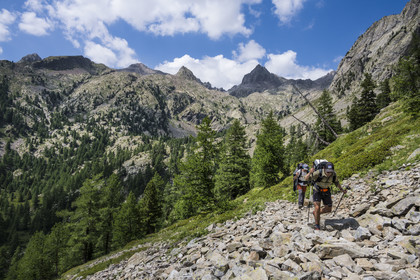 France, Alpes-Maritimes, Parc National du Mercantour (Mercantour national park), Haute Vesubie, Saint Martin Vesubie, Val du Haut Boréon, hikers coming from the refuge of Cougourde and on the way to the lake of Trecolpas, Mount Pelago on the left and Cime Guilié (2999m) on the right in the background
