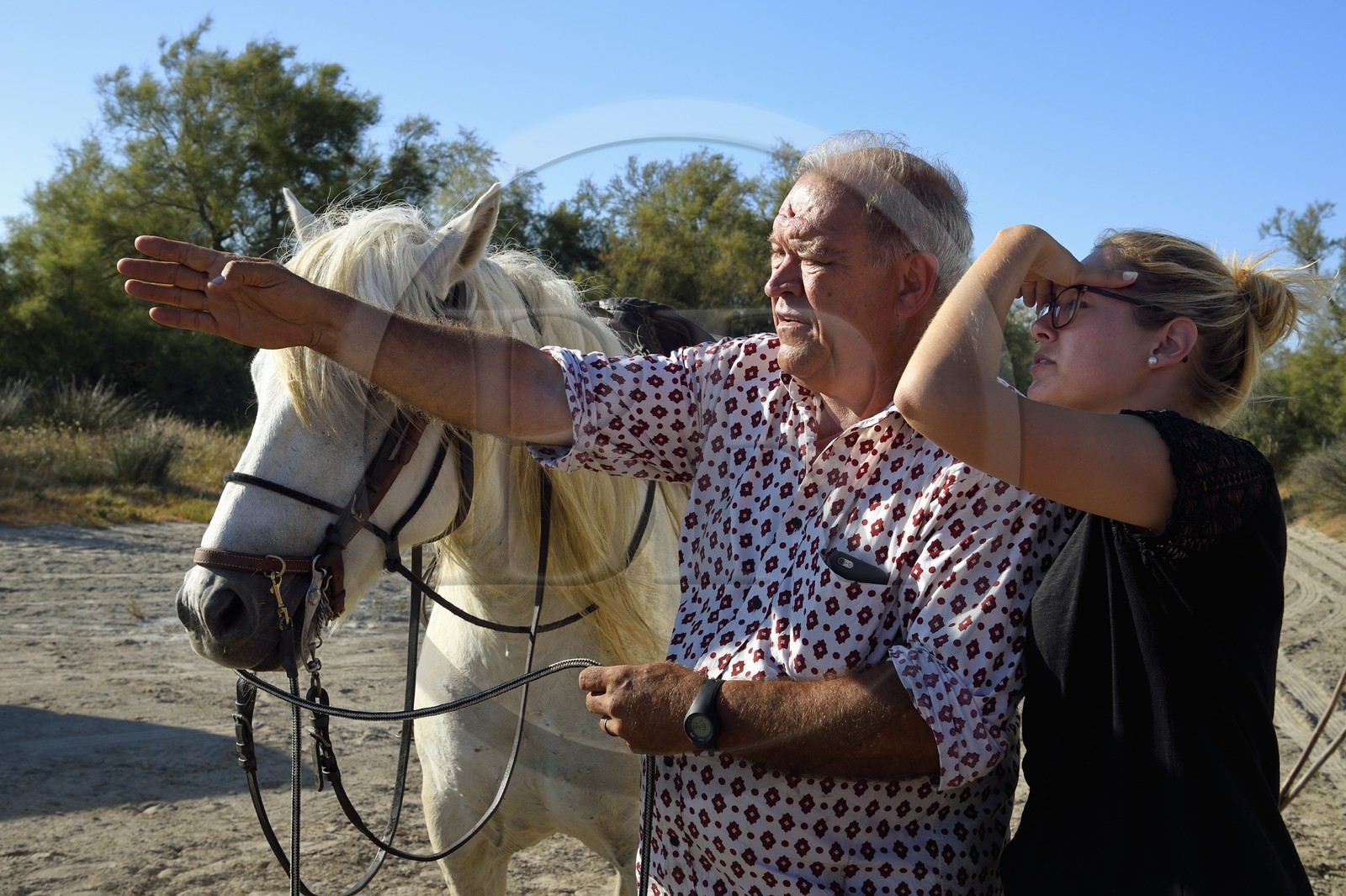 France, Bouches-du-Rhône (13), Parc naturel régional de Camargue, vers l'étang de Malagroy, le manadier Jacques Mailhan, éleveur de chevaux et taureaux de Camargue, et sa belle-fille Marie tournon