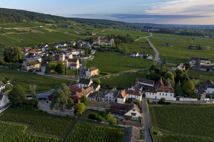 France, Cote d'Or, cultural Landscape of the climates of Burgundy listed as World Heritage by UNESCO, Route des Grands Crus (road of Vintage Wines), vineyard of the Côte de Nuits at Gevrey Chambertin (aerial view)
