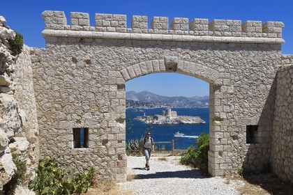 France, Bouches du Rhone, Marseille, Calanques National Park, archipelago of Frioul islands, Ratonneau island, entrance to Fort Ratonneau and the Chateau d'If