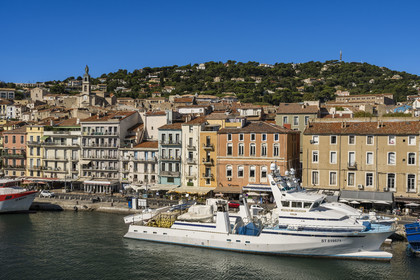 France, Hérault (34), Sète, canal Royal, thoniers senneurs à quai au pied du Mont Saint-Clair et de l'église décanale saint Louis surmontée par une statue de la Vierge Marie