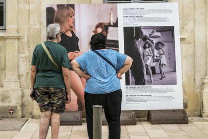 France, Charente Maritime, Rochefort, display of A Photographic Walk in the City on the Demoiselles de Rochefort rue de la République