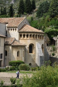 France, Herault, Medieval town of Saint-Guilhem-le-Desert, a stop on el Camino de Santiago, pilgrimage route to Compostela, labelled Les Plus Beaux Villages de France (The Most Beautiful Villages of France), abbey of Gellone from the 11th century listed as World Heritage by UNESCO, triple apse of the church