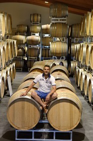 France, Loire, Parc Naturel Regional du Pilat (Natural Regional Park of Pilat), the domaine du Monteillet Stephane Montez, Stephane Montez in his wine cave
