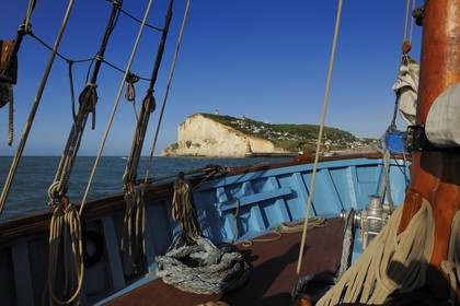 France, Seine Maritime, Pays de Caux, Cote d'Albatre, at sea aboard the old sailing ship Tante Fine off the Cliffs of Fecamp