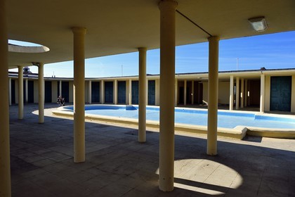 France, Calvados, Pays d'Auge, Deauville, establishment of the Pompeian Baths Art Deco style bordering the bathing cabins on the beach