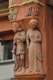 France, Indre et Loire, Tours, half-timbered house with decorated beam in Rue Colbert