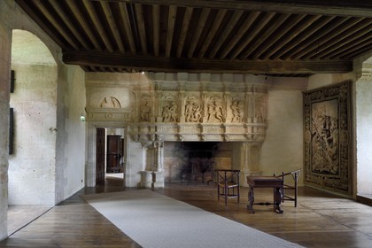 France, Dordogne (24), Périgord Vert, Villars, château de Puyguilhem, la Grande Salle et sa cheminée aux reliefs illustrant les travaux d'Hercule