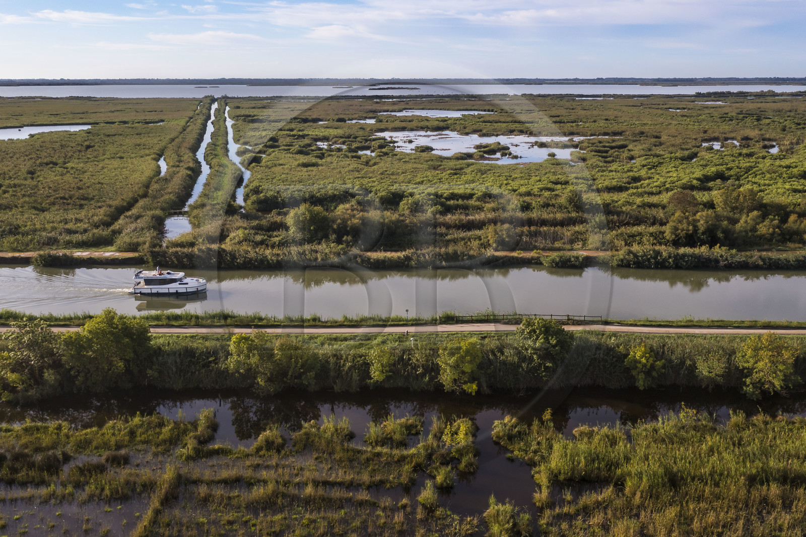 France, Gard (30), la Petite Camargue, navigation d'un bateau de plaisance Le Boat sur le canal du Rhône à Sète entre Gallician et Aigues-Mortes (vue aérienne) France, Gard, the Petite Camargue, navigation of a pleasure boat Le Boat on the Rhone to Sète Canal between Gallician and Aigues-Mortes (aerial view)