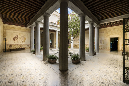 France, Alpes-Maritimes, Beaulieu-sur-Mer, neo-Greek style villa Kerylos build in 1908 by architect Emmanuel Pontremoli, the peristyle with its murals