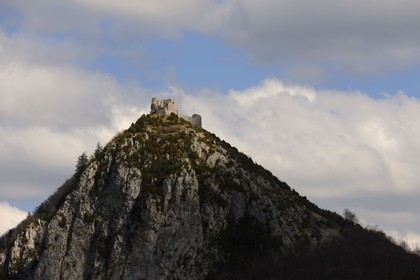France, Ariege, Pays d' Olmes, Cathar Castle of Montsegur perched on a rock
