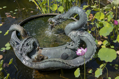 France, Alpes-Maritimes, Menton, district of Garavan, Maria Serena garden, the Dragon Fountain basin (ancient Japanese fountain that belonged to a shogun)