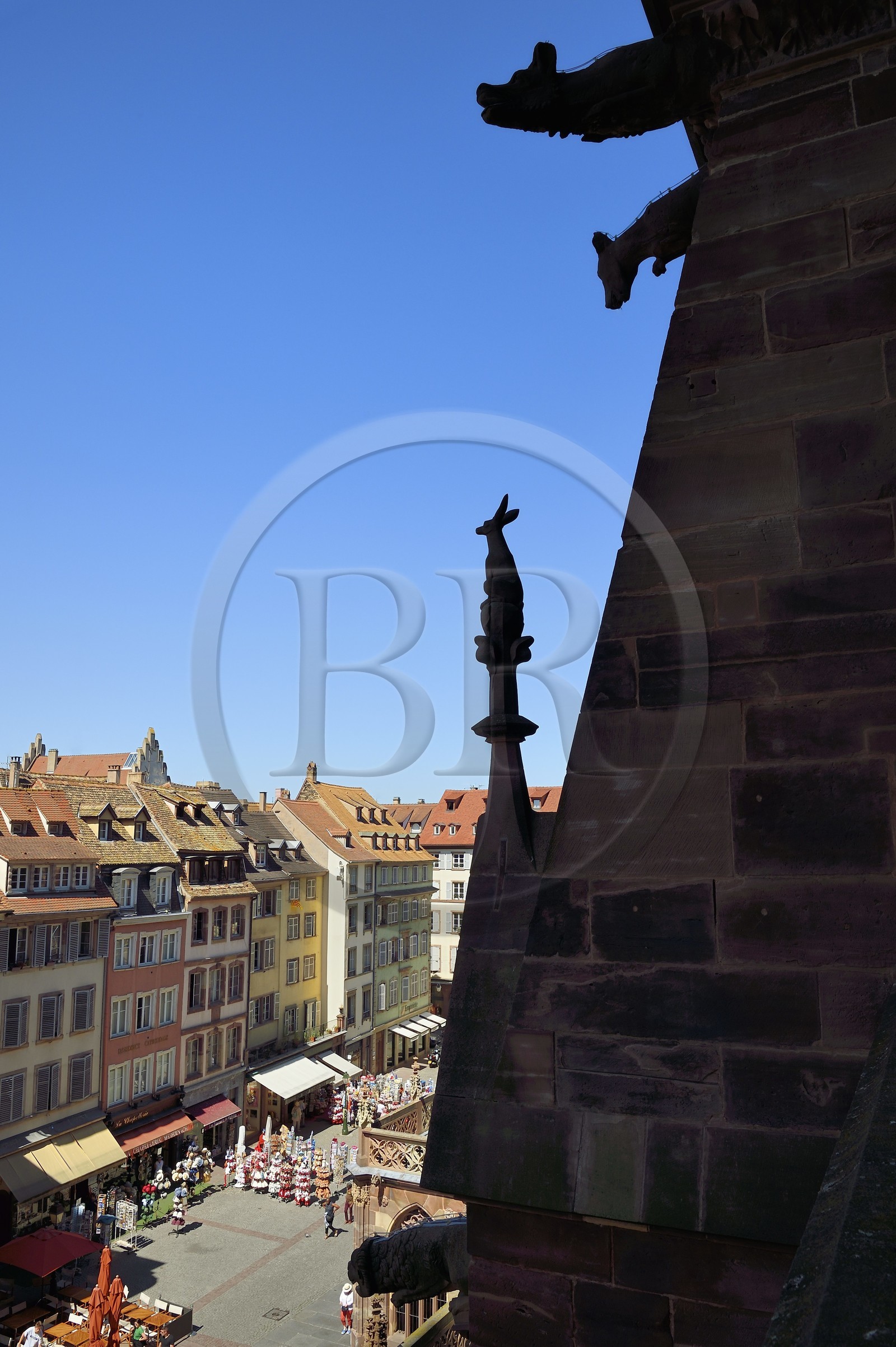 France, Bas-Rhin (67), Strasbourg, vieille ville classée au Patrimoine Mondial de l'UNESCO, la place au nord de la cathédrale Notre-Dame, base d'un arc-boutant avec chimères et gargouilles