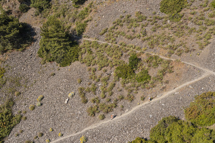France, Var (83), La Seyne-sur-Mer, randonnée dans le massif du Cap Sicié le long du chemin du Joncquet en contrebas de la Corniche Merveilleuse (vue aérienne)