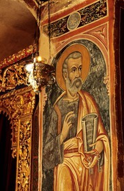 Chypre, région du Centre, montagnes du Troodos, église byzantine Saint Nicolas du Toit (11ème siècle) près de Kakopétria, classée Patrimoine Mondial de l'UNESCO, icônes et fresques