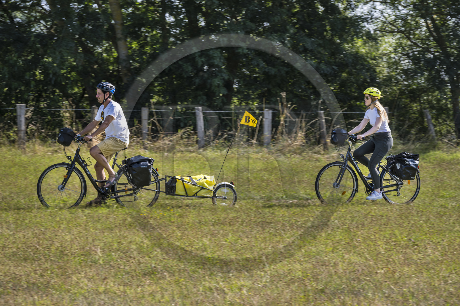 France, Maine-et-Loire (49), vallée de la Loire classée au Patrimoine Mondial par l'UNESCO, Saumur vers Saint-Hilaire, randonnée à bicyclette sur les berges de la Loire, vélo avec une remorque transportant le matériel de camping France, Maine-et-Loire (49), vallée de la Loire classée au Patrimoine Mondial par l'UNESCO, Saumur vers Saint-Hilaire, randonnée à bicyclette sur les berges de la Loire, vélo avec une remorque transportant le matériel de camping