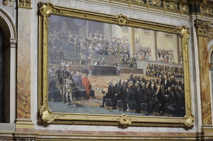 France, Yvelines, Chateau de Versailles, listed as World Heritage by UNESCO, Midi Wing, semicircular auditorium of the Parliament Congress, painting (copy by Bassot in 1893 based on Couder's artwork) illustrating the opening meeting of the French States General in the Salle des Menus Plaisirs at Versailles in May 5, 1789 with the three orders listenning the Necker's spreech, the accountant general of King Louis XVI