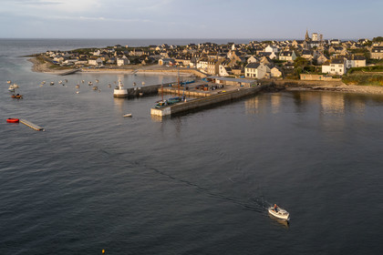 France, Finistère, Iroise Sea, Molene archipelago, Molene Island, the village and the port in the early morning (aerial view)