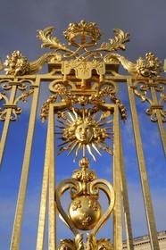 France, Yvelines, Chateau de Versailles, listed as World Heritage by UNESCO, detail of the Royal Gate drawn by Mansart (restored in June 2008) which separating the Royal Courtyard