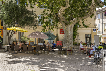 France, Bouches du Rhone, Tarascon, café terrace on Place Ledru-Rollin opposite the Cordeliers Museum of Art and History