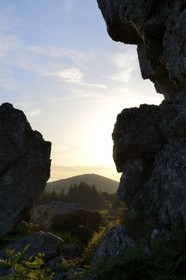 France, Finistere, Parc Naturel Regional d'Armorique (Armorica Regional Natural Park), Monts d'Arree, Brasparts, rock of Druid exorcisms of the marsh Yeun-Elez leading to the Youdig (one of the hell gates) and the Saint Michel chapel at the top of Menez Mikael in the background