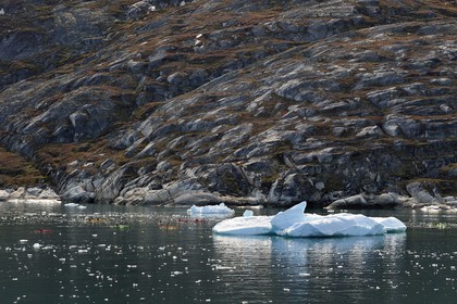 Groenland, cote ouest, baie de Disko, baie de Quervain, groupe de kayaks progressant au milieu des icebergs